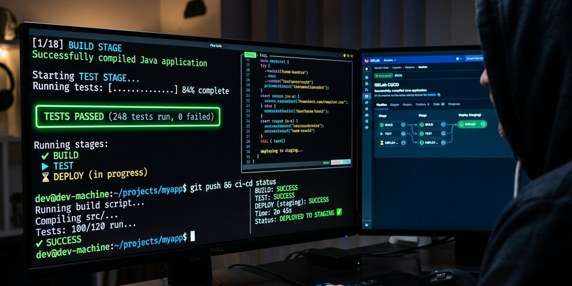 CI/CD pipeline running automated deployments on a developer terminal