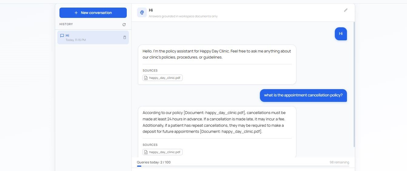 CareOnix Health chat interface showing policy question and cited answer